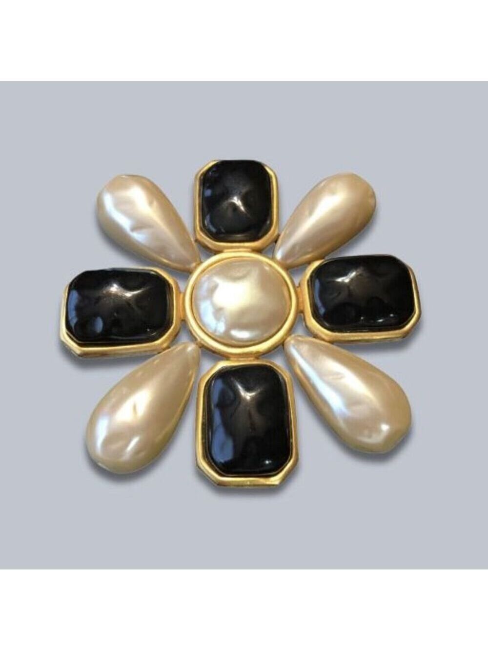 Ann Taylor Byzantine Brooch Cross Faux Baroque Pearls Cabochons Ivory/Black OS